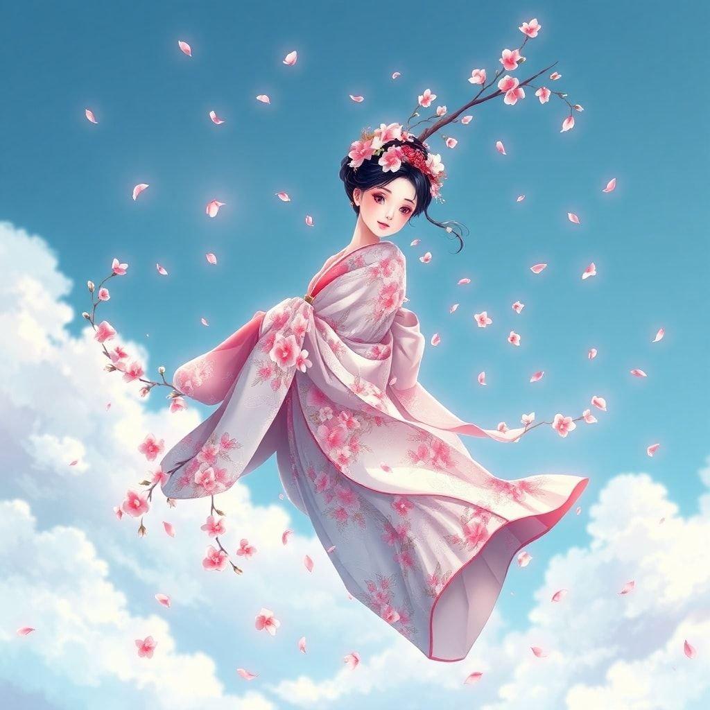 Immerse yourself in the serene beauty of this anime-inspired wallpaper, featuring a delicate geisha floating amidst a cloud of cherry blossoms.