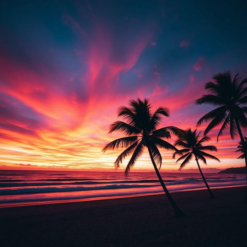 A serene beach scene at sunset with palm trees swaying gently, evoking a sense of tranquility and vacation vibes.