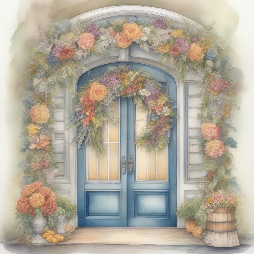 A charming garden door entrance, adorned with an arch of flowers for a festive touch.