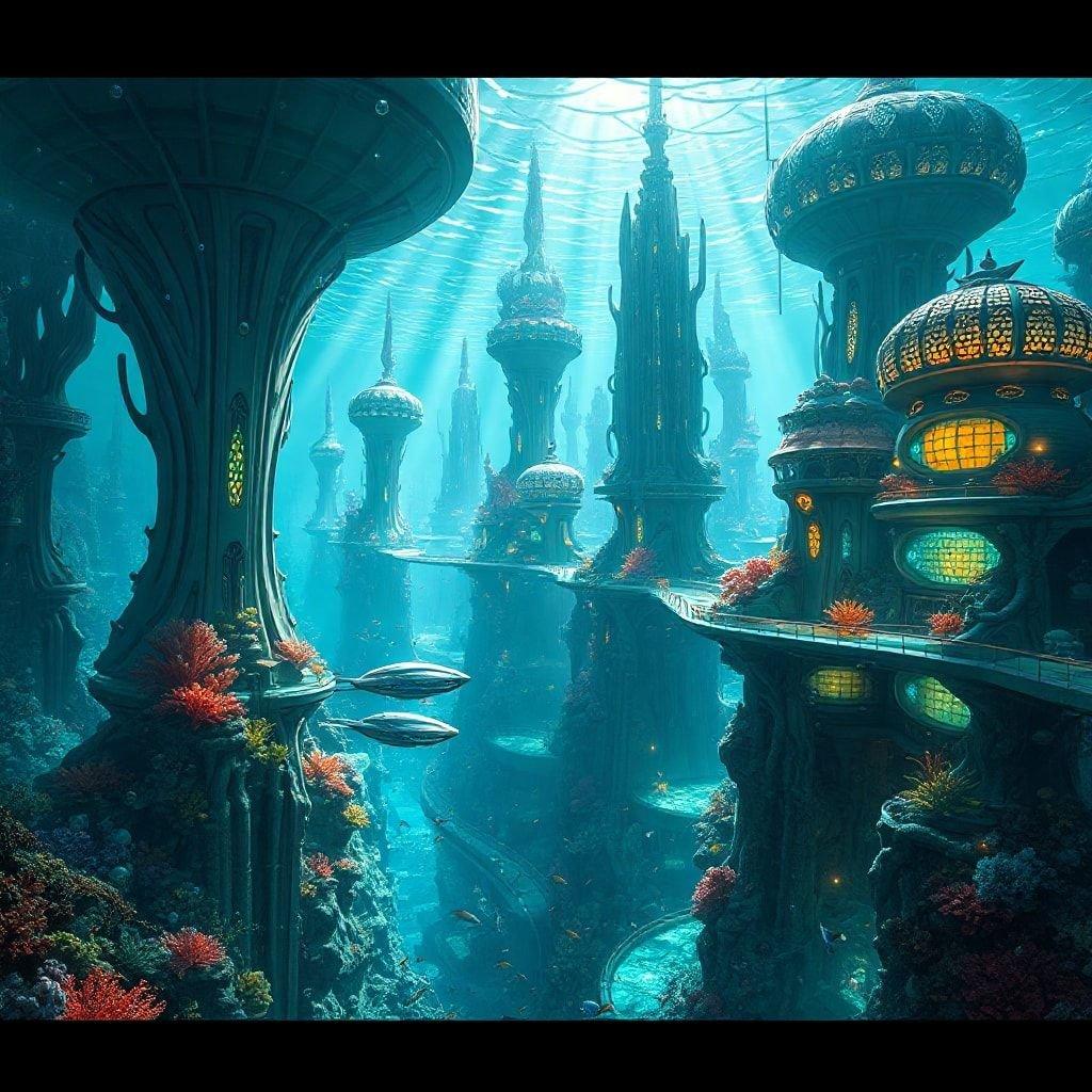 This stunning wallpaper showcases an underwater city, a futuristic and imaginative concept that combines the beauty of the ocean with the grandeur of urban architecture. The image depicts a sprawling metropolis, complete with towering skyscrapers and bustling streets, all set against the backdrop of a vibrant coral reef. The city's buildings are adorned with intricate details and lights, giving the impression of a thriving community. The overall effect is one of wonder and awe, inviting the viewer to explore this fantastical world.