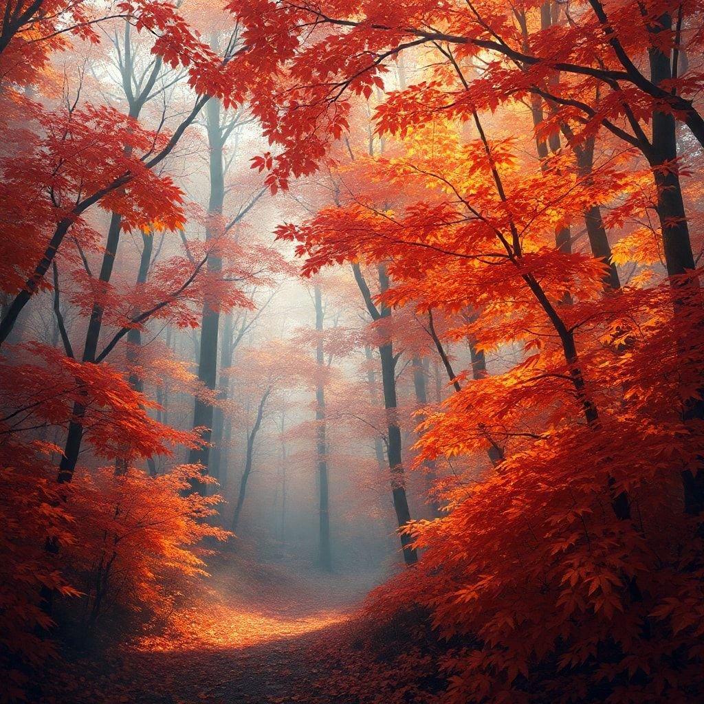 A serene walk through a forest in autumn, with vibrant red leaves surrounding the trail.