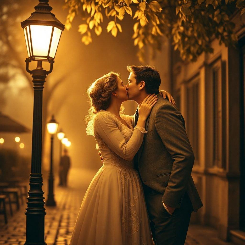 A couple shares a tender kiss on a romantic evening walk, capturing the joy of their love.