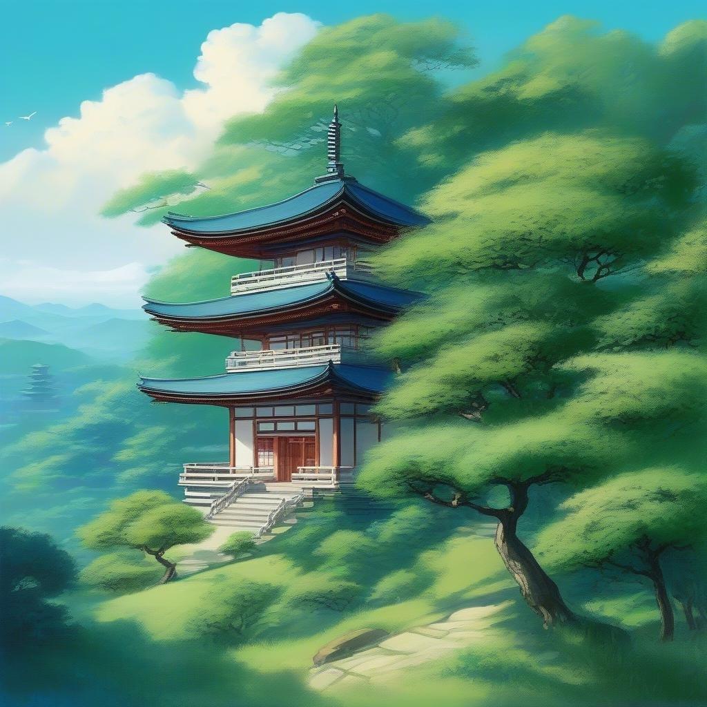 En idyllisk anime-stil landskapsmålning som skildrar ett japanskt tempel inbäddat bland frodiga träd på en lugn kulle. Den lugna scenen, genomdränkt i mjukt ljus, fångar harmonin mellan natur och arkitektur.