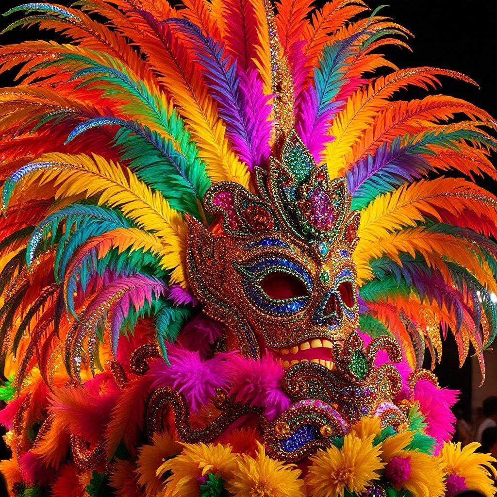 This stunning Mardi Gras mask is a true work of art, with its elaborate design and bright colors making it a standout piece. The mask is surrounded by feathers and flowers, adding to its festive and celebratory atmosphere.