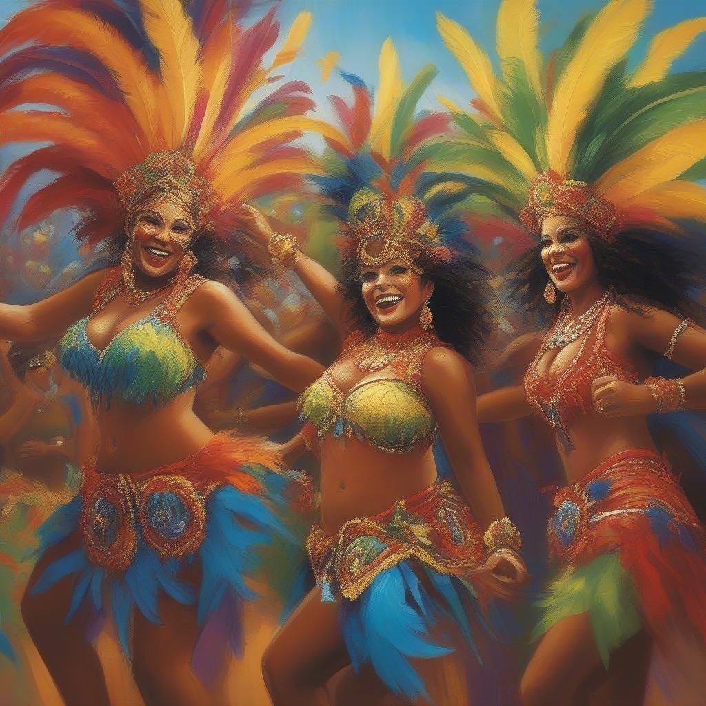 Experience the vibrant energy of a carnival with this stunning wallpaper featuring three women in elaborate costumes.