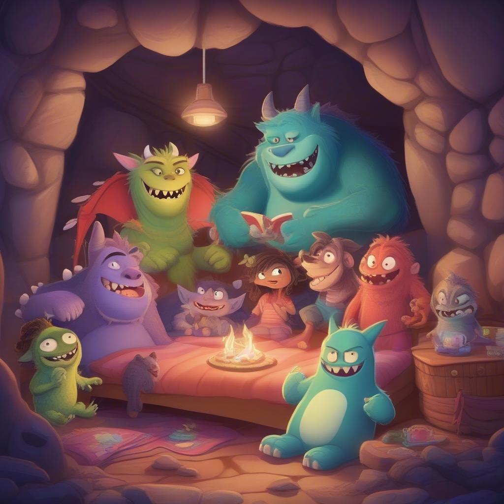 A cozy scene with monster friends enjoying a story around the campfire. It's a gathering of animated characters that feels both warm and whimsical, perfect for any child or cartoon fan.