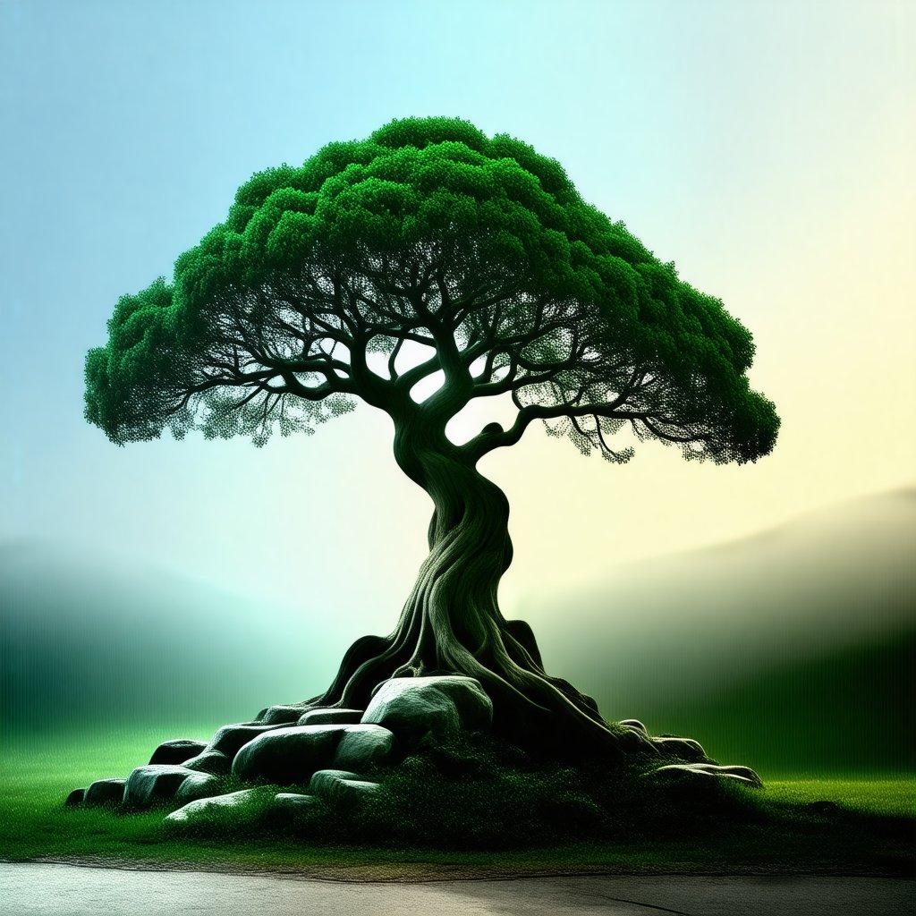 Embracing the beauty of life, this image captures a majestic tree growing in harmony with its surroundings.