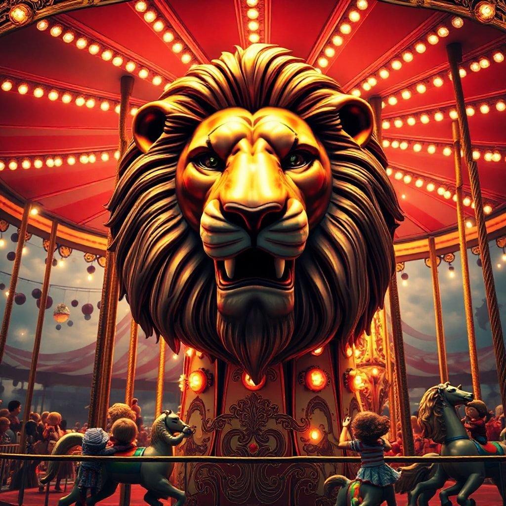 A majestic lion's head stands tall at the heart of a vibrant carnival, surrounded by the colorful chaos of a spinning carousel and the brilliant blue sky.