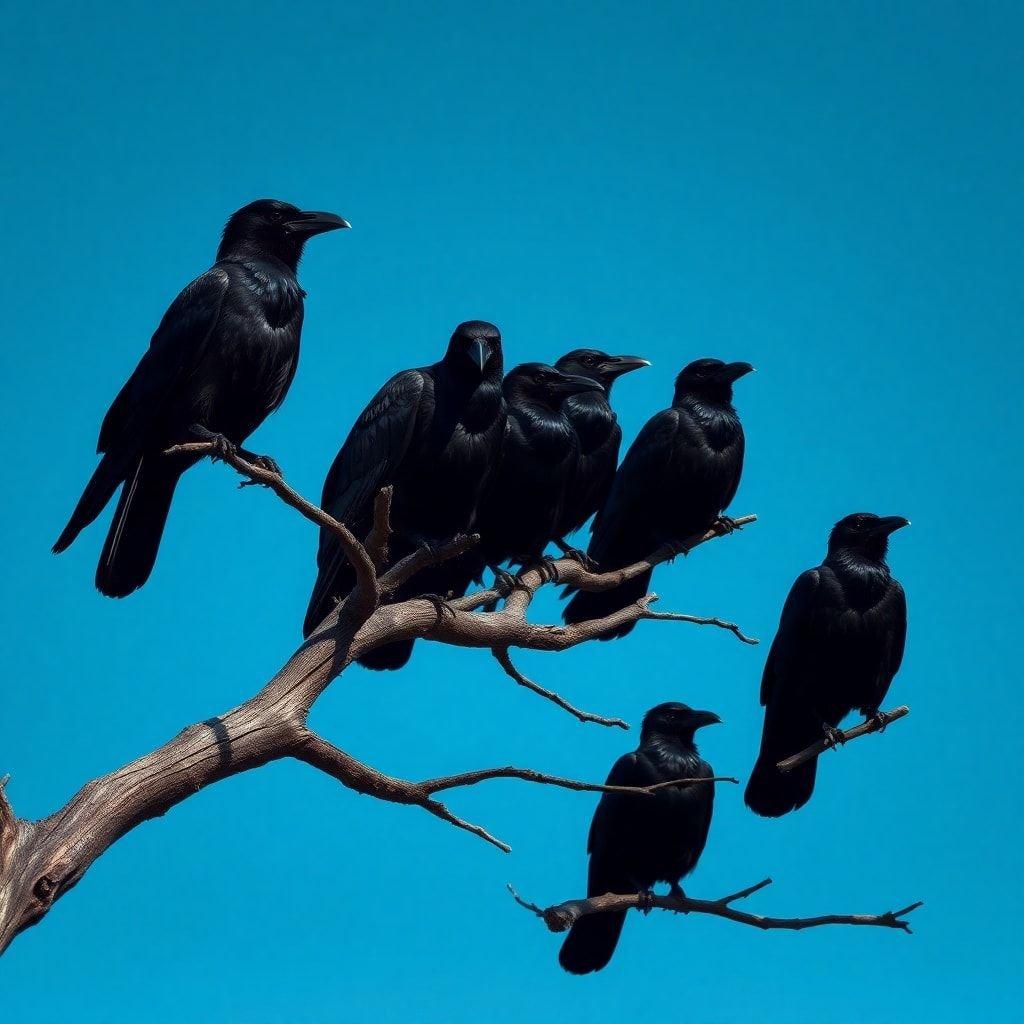 A captivating black and white photograph of a flock of birds perched on branches against the backdrop of a clear sky.