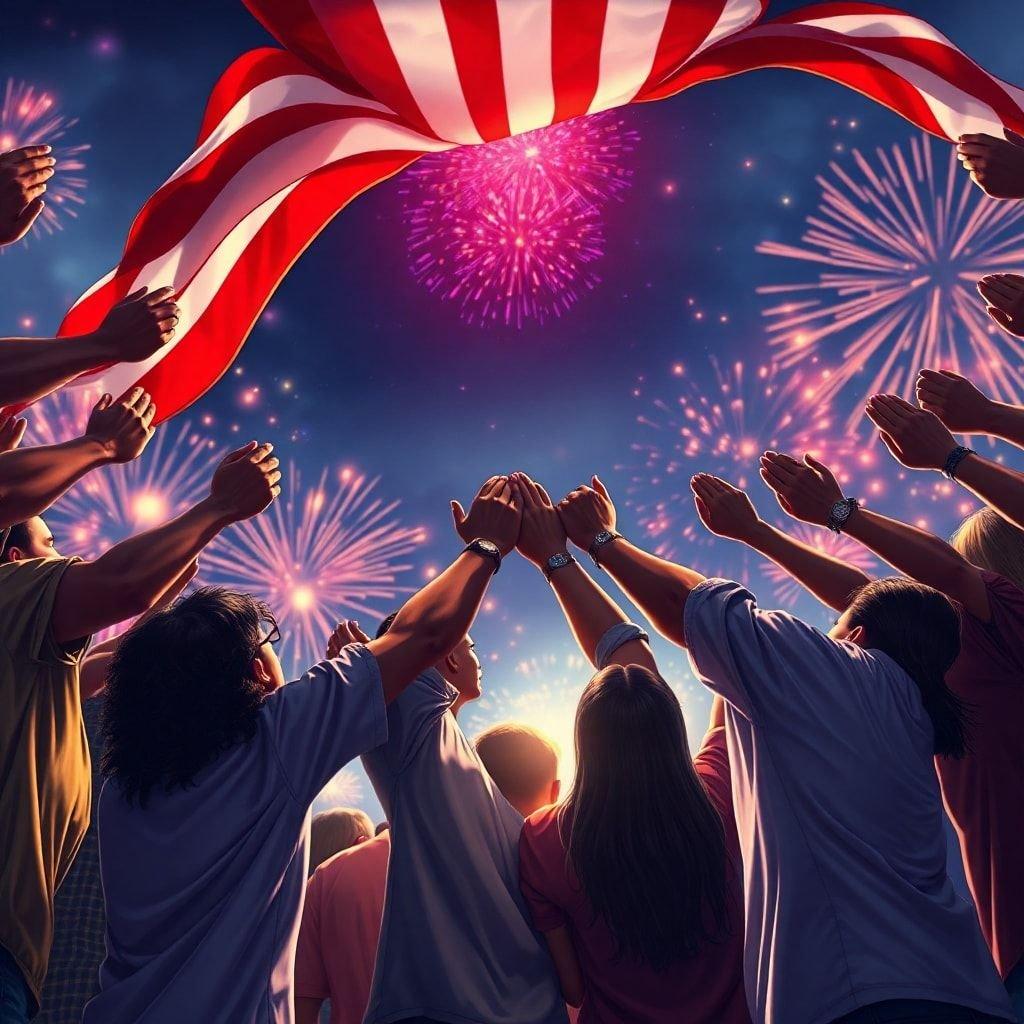 Commemorating the 4th of July, this image captures a festive moment with an American flag being raised high amidst fireworks and cheers.