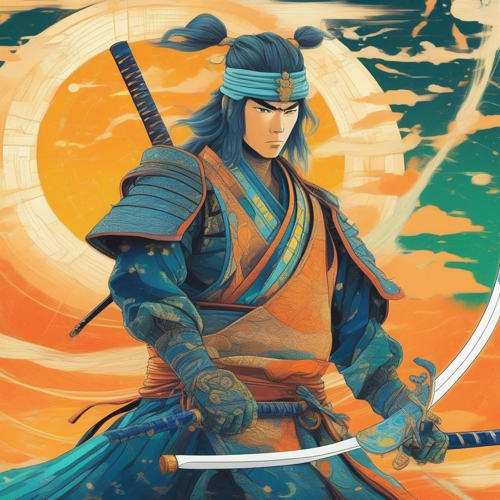 O espírito de um guerreiro encontra o avanço tecnológico nesta dinâmica ilustração digital. Assumindo uma pose confiante contra um fundo de campos de batalha holográficos, o samurai exibe sua espada de fusão azul e verde. As vibrantes cores laranja e amarelo conferem uma atmosfera semelhante a um anime, perfeita para uso em desktop e mobile.