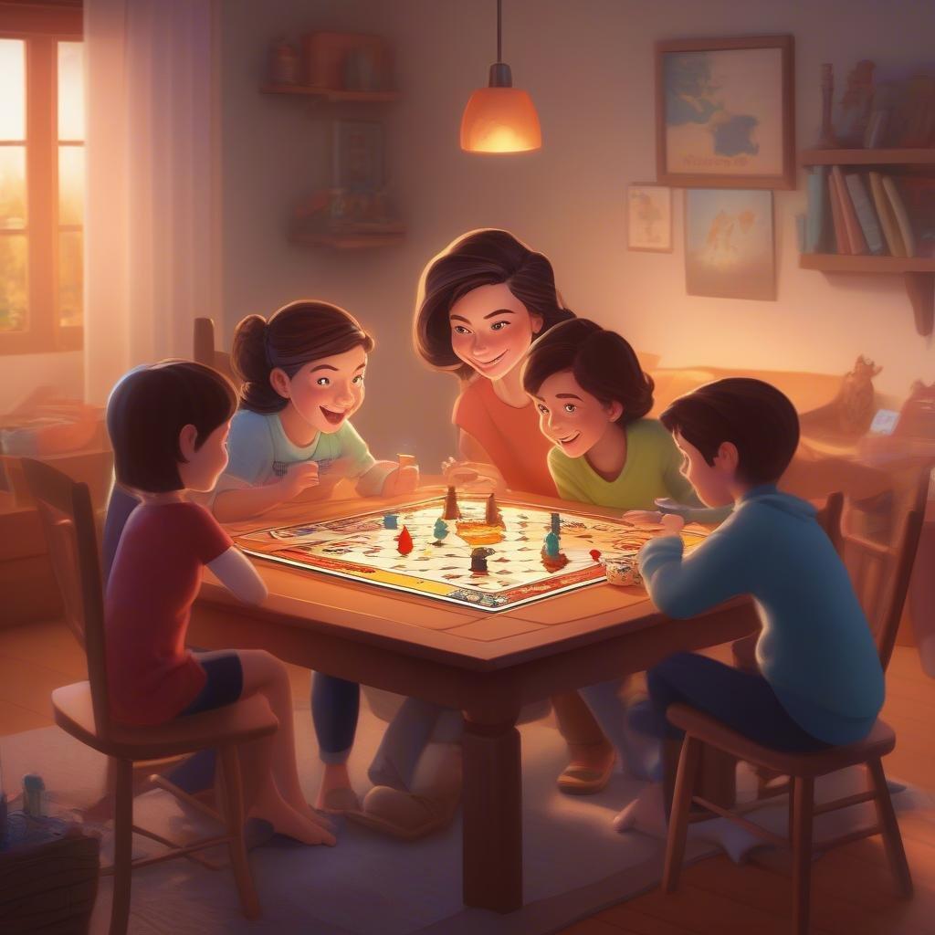 In the warm light of a cozy room, a mother shares a joyful moment with her children as they play a board game together on this special day.