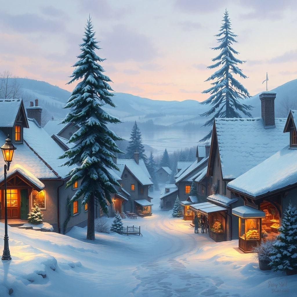 A picturesque village street at dusk, with snow-covered houses and trees under the soft glow of fairy lights. The air is crisp and the night sky is just beginning to darken, offering a tranquil view of this quaint winter setting.