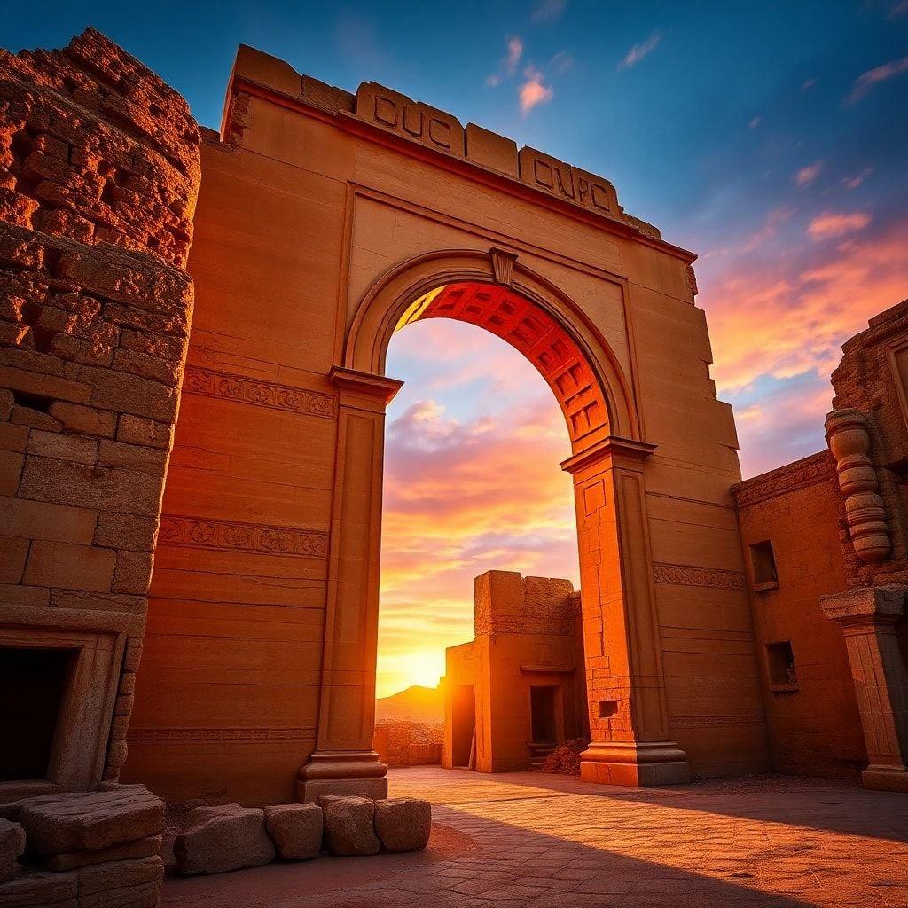 Bathed in the warm glow of a sunset, this ancient temple stands tall amidst the desert landscape. The soft light contrasts beautifully with the weathered stone walls and columns, evoking a sense of history and timelessness.