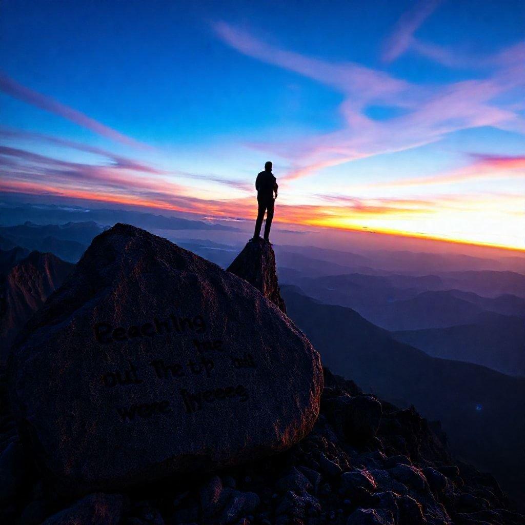 Um caminhante solitário aprecia a tranquilidade do alto pico ao pôr do sol, enquanto o dia dá lugar ao silêncio da noite.