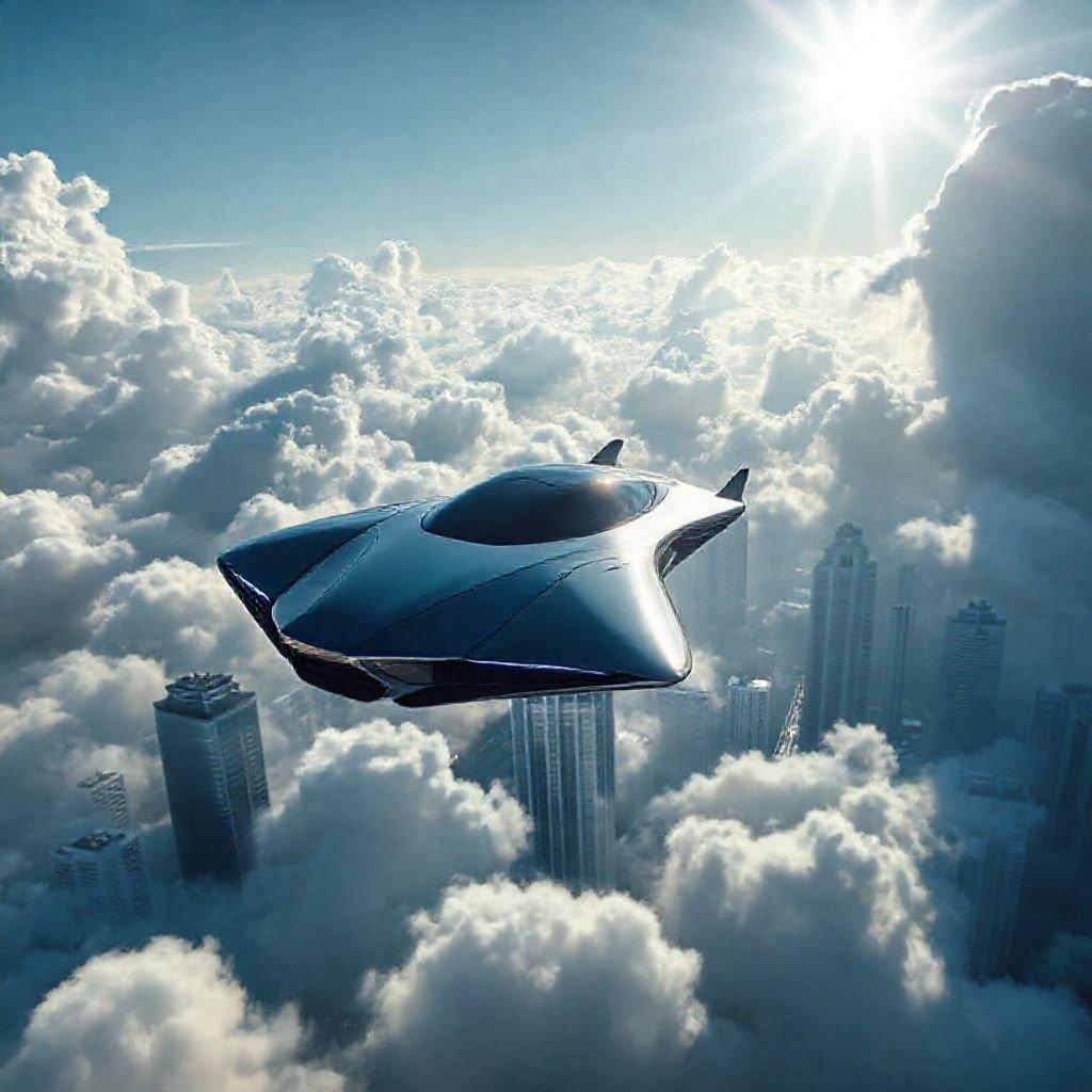 This futuristic jet is flying high above the clouds, showcasing its sleek and modern design. The jet's silver body glistens in the sunlight, while the cloudy sky provides a stunning backdrop.