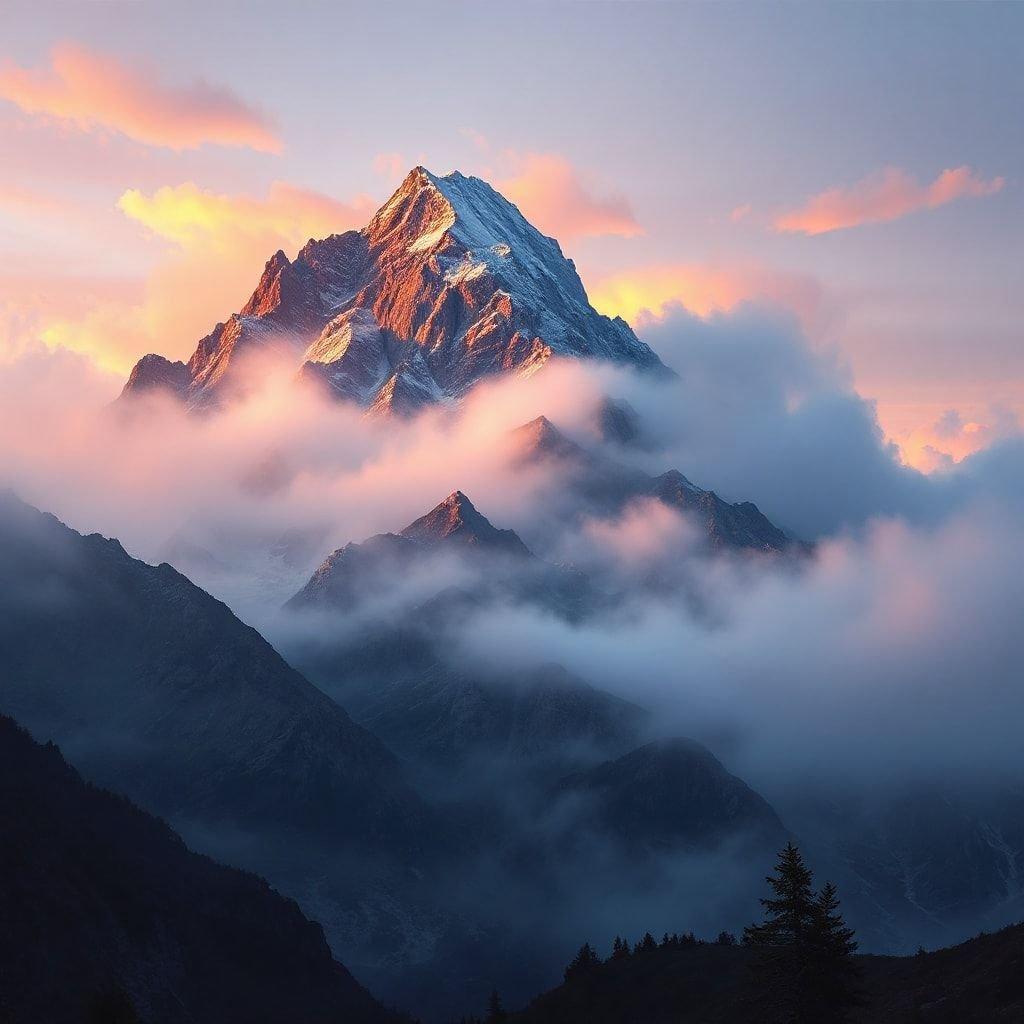 A serene and peaceful image of a mountain peak at sunset, with a warm glow and a mix of orange, pink, and purple hues in the sky.