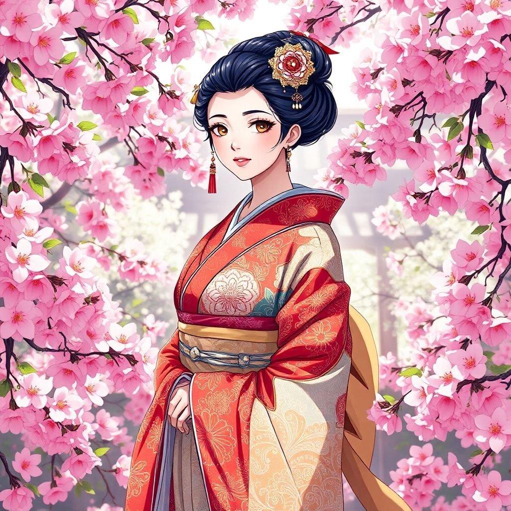 Entra in un mondo sereno e incantevole con questa illustrazione anime di una geisha in un lussureggiante giardino di ciliegi.