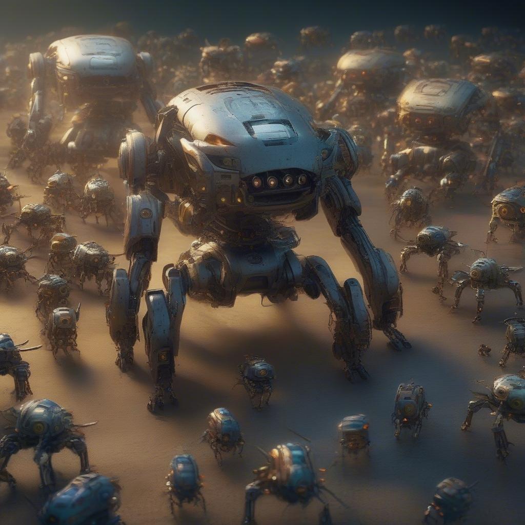 An army of robotic creatures advance in unison, their metallic forms gleaming against the muted backdrop. Their design suggests advanced technology and an intricate system of operations. They move as one, a testament to coordinated engineering.