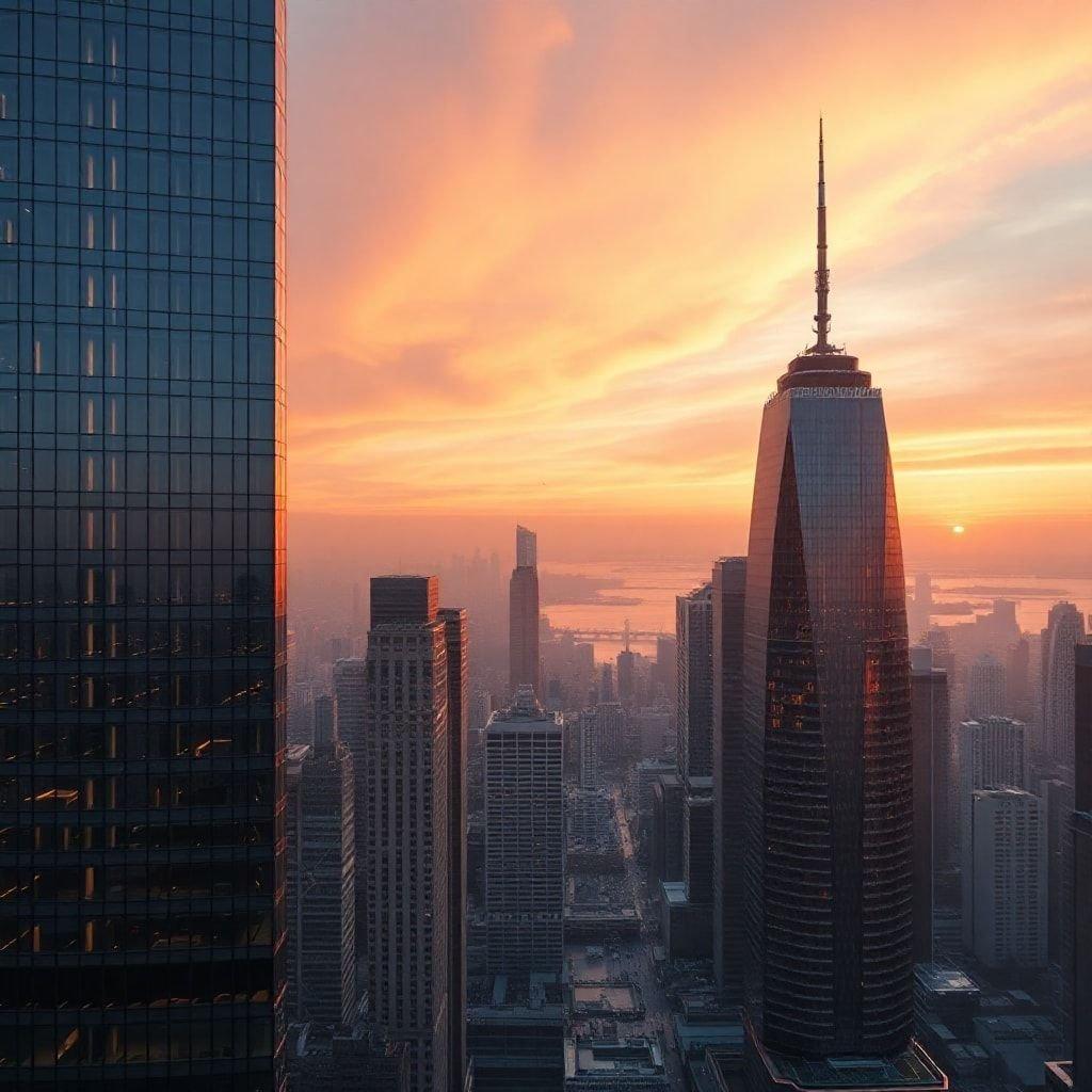 Majestic skyscrapers towering against the glowing sky, bathed in hues of orange and pink. A serene scene that captures the beauty of urban architecture against nature's backdrop.