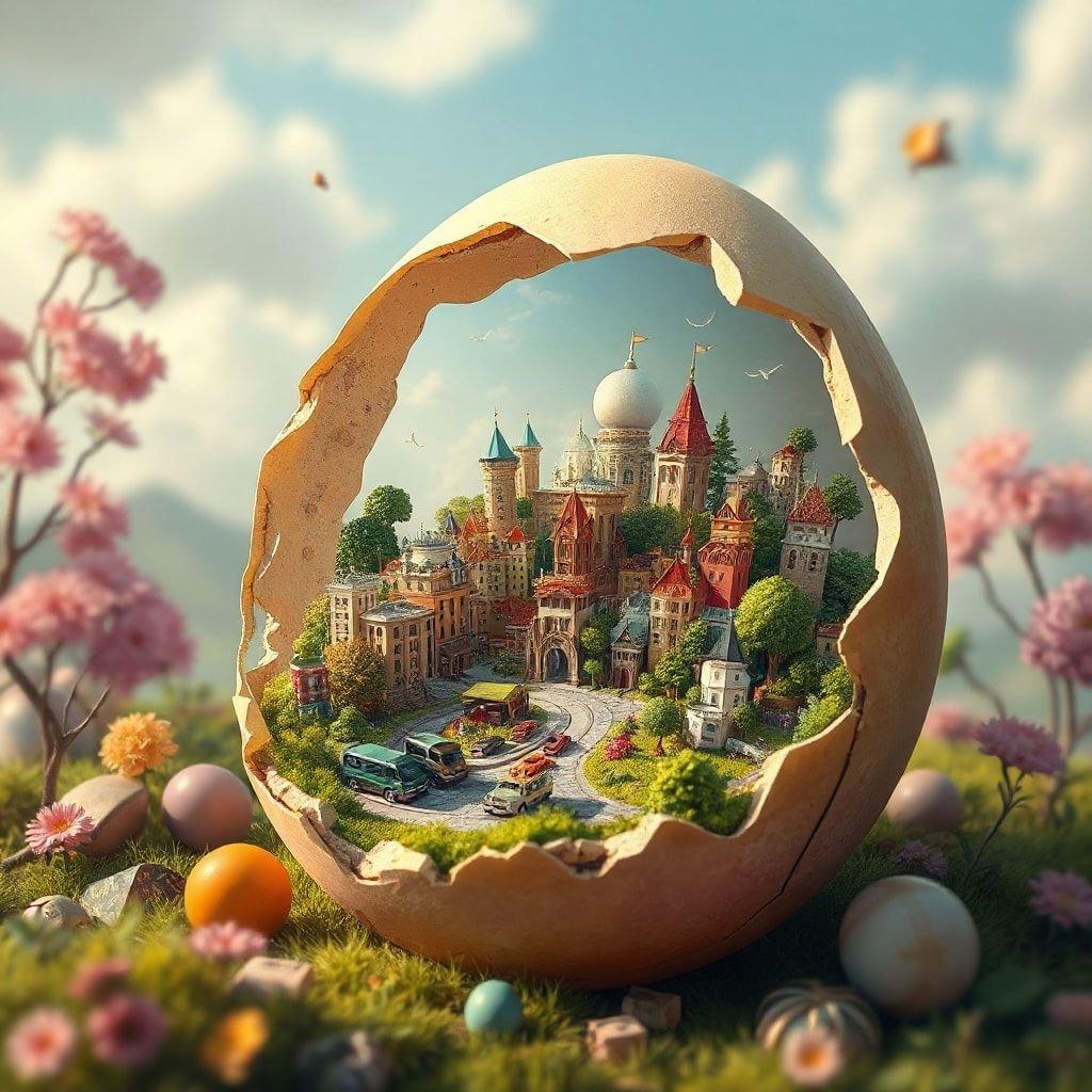 A whimsical Easter celebration where an egg has hatched into a miniature village, complete with houses, a castle, and a fairy tale landscape.