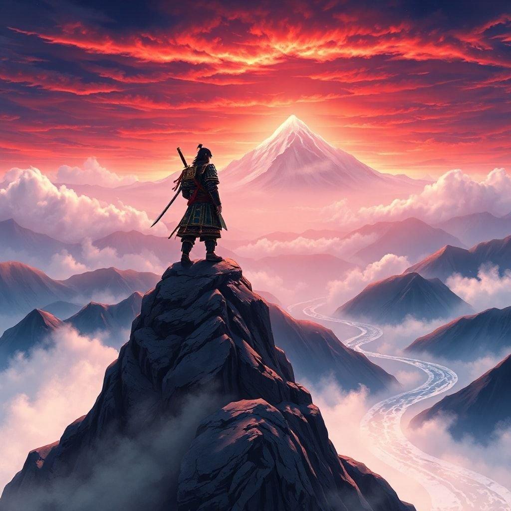 This stunning anime-style wallpaper features a samurai warrior standing tall on a mountain peak, exuding strength and determination. The dark mountains and misty sky create a dramatic backdrop, while the serene river in the foreground adds a touch of tranquility.