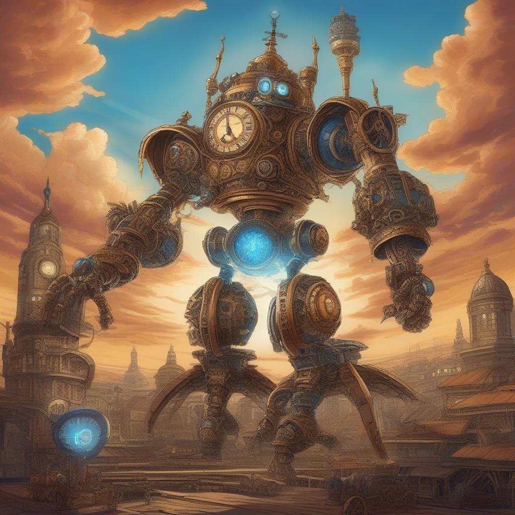 Denna anime steampunk robot bakgrund har en detaljerad digital illustration av en robot som slåss mot gigantiska klockverksmonster. Robotens intrikata rustning, med lysande blå ögon och ett lysande rött huvud, är fokuspunkt, medan bakgrunden visar en molnig himmel och ett majestätiskt högt klocktorn.