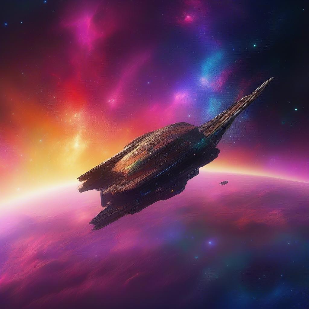 Blast off into the cosmos with this stunning wallpaper featuring a sleek spaceship soaring through a vibrant nebula.