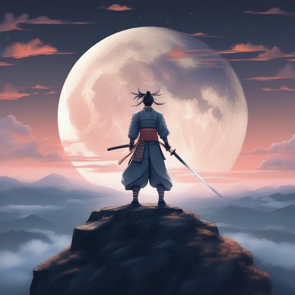 En ung anime-samurai står på toppen av ett berg, hennes svärd höjt mot månen. Den mystiska scenen utstrålar en påtaglig känsla av mysterium och förväntan.