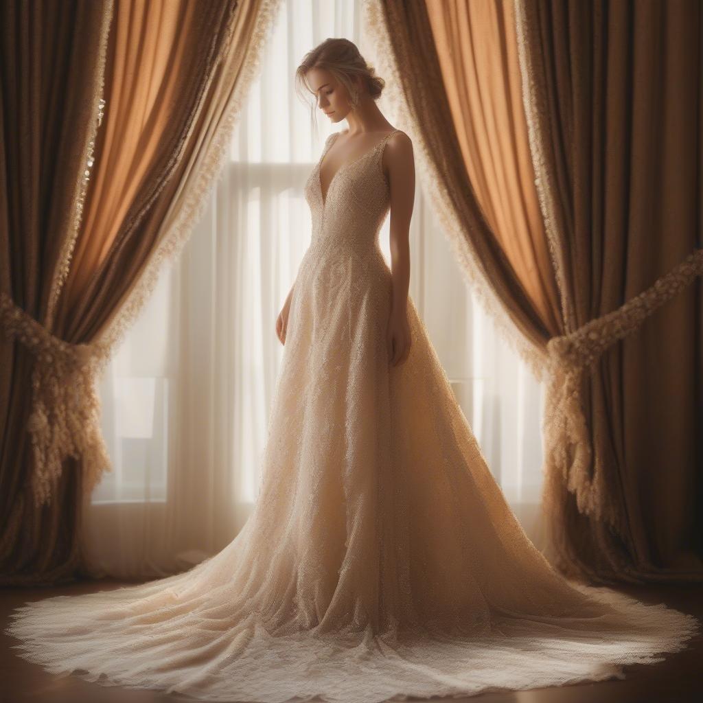 A stunning bride in an elegant, flowing bridal gown standing in front of a window curtain, capturing the beauty and elegance of wedding moments.