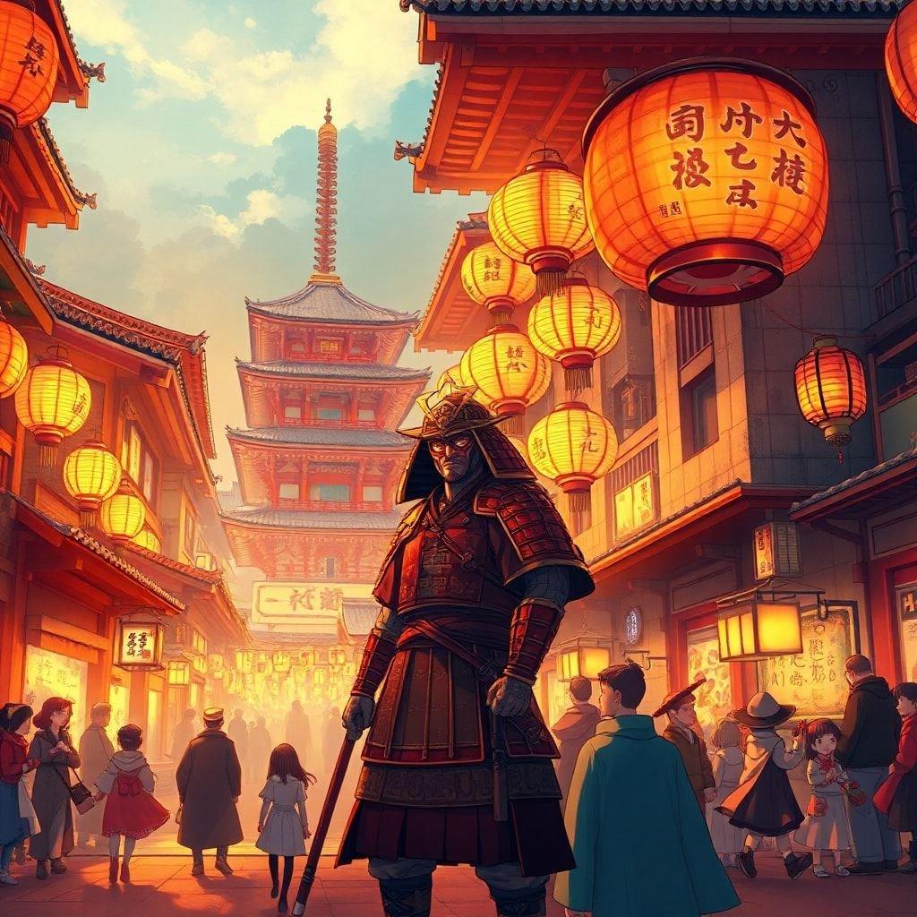 Une scène animée d'anime se déroulant dans une ville japonaise traditionnelle animée. La rue est ornée de lanternes vibrantes et de temples, créant une atmosphère chaleureuse. Un samouraï patrouille dans les rues au milieu de la foule, ajoutant à la sensation dynamique de la scène.