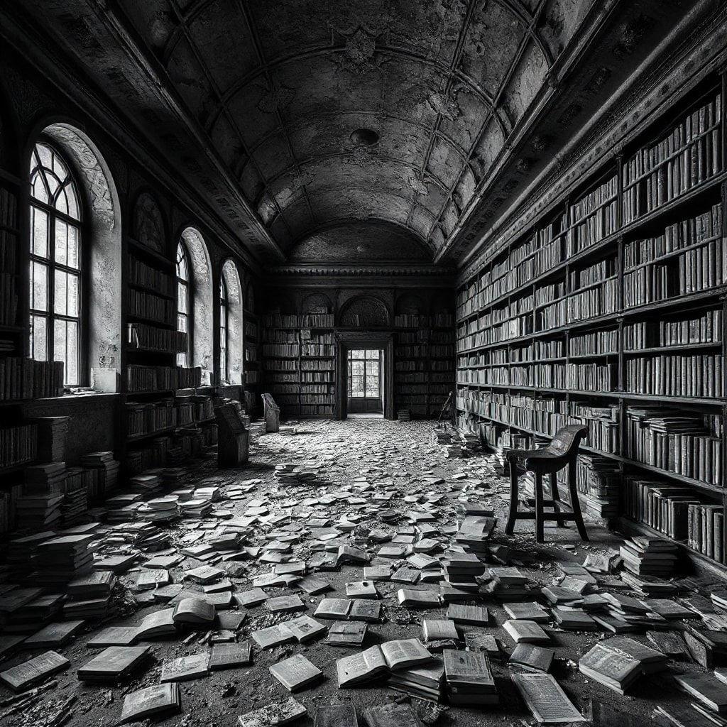 An abandoned, dusty room filled with books, showcasing the remnants of a once vibrant collection.