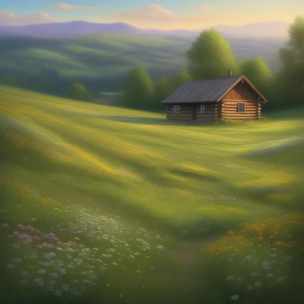 A quaint cabin nestled in the heart of a meadow, with the sun dipping low in the sky casting a warm glow over the scene.