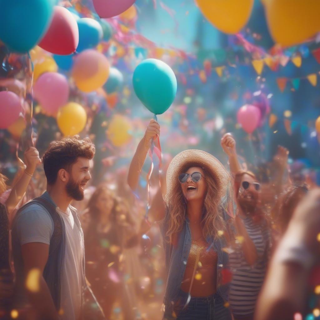 A vibrant scene at a birthday party with balloons, confetti, and happy people enjoying the moment.