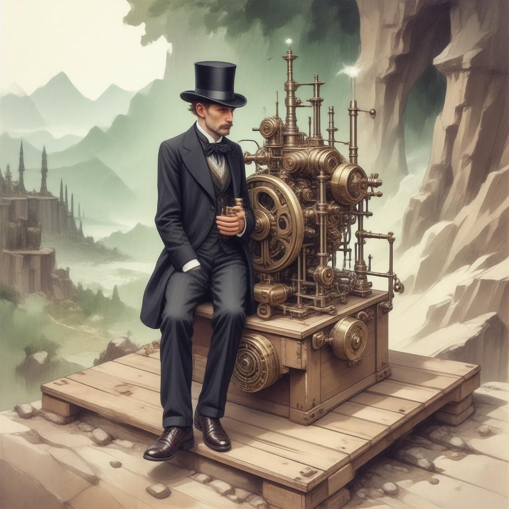 En steampunk-inventor sitter på en träplattform, omgiven av intrikata klockverk och metalldelar. Det suddiga gröna och bruna landskapet ger djup åt scenen.