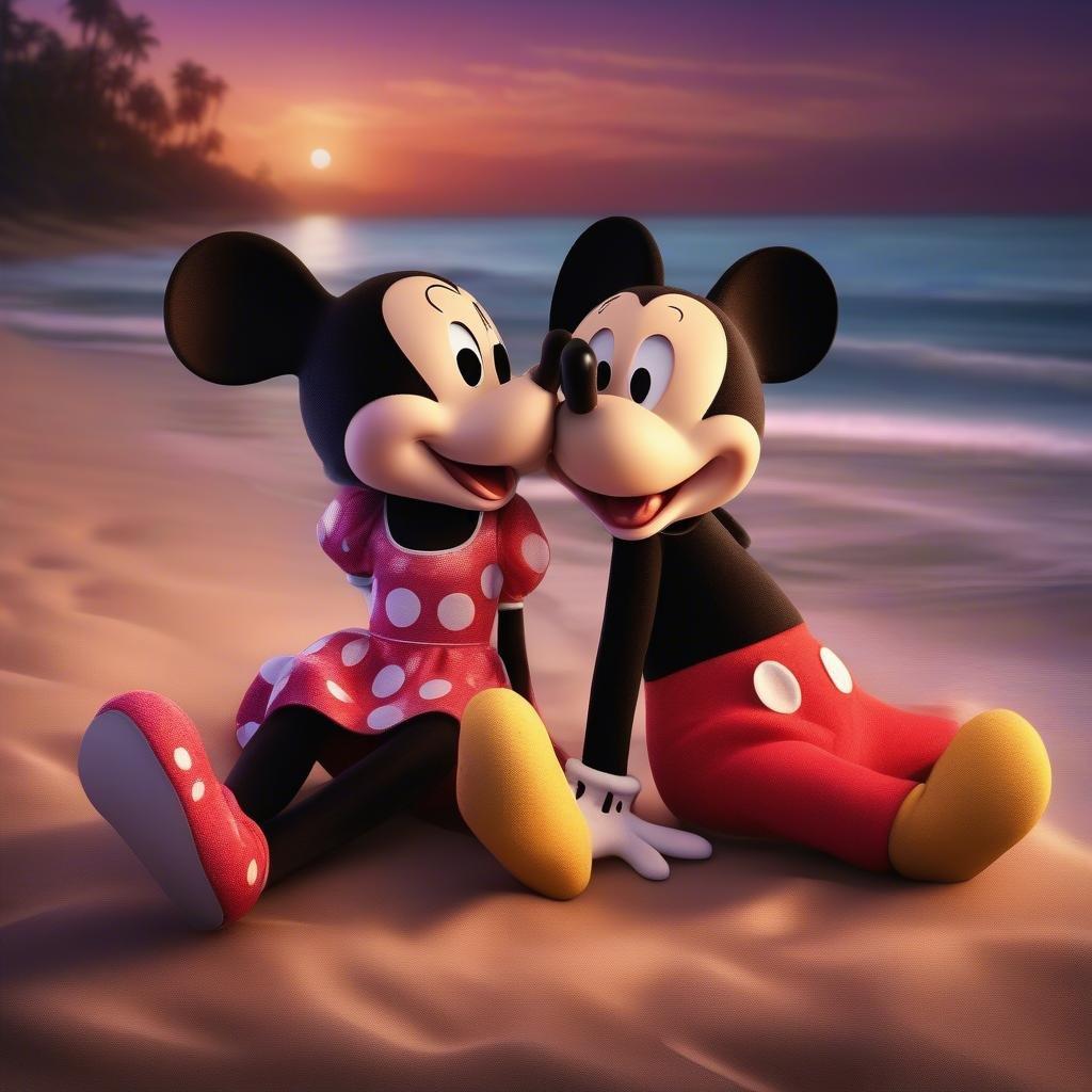 A casual, relaxed scene featuring Mickey Mouse and Minnie Mouse on a sunset beach, capturing their loving interaction.