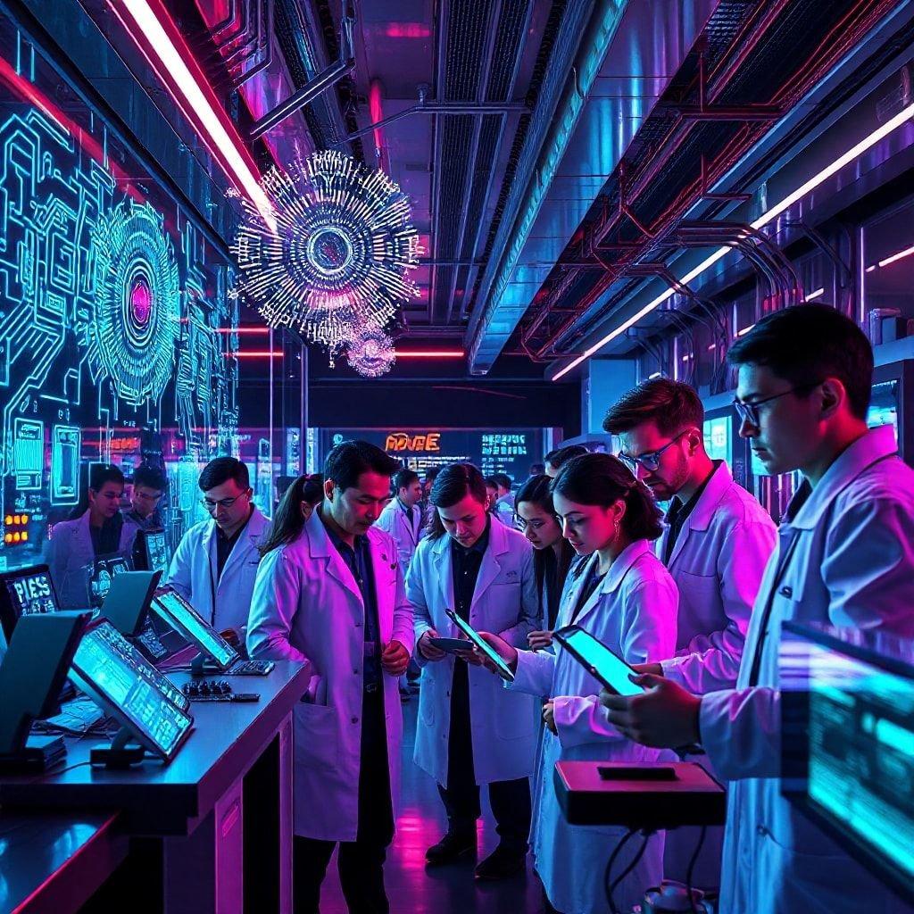 Un groupe de scientifiques en blouses de laboratoire étudiant et travaillant sur des technologies futuristes, entouré de lumières néon cyberpunk.