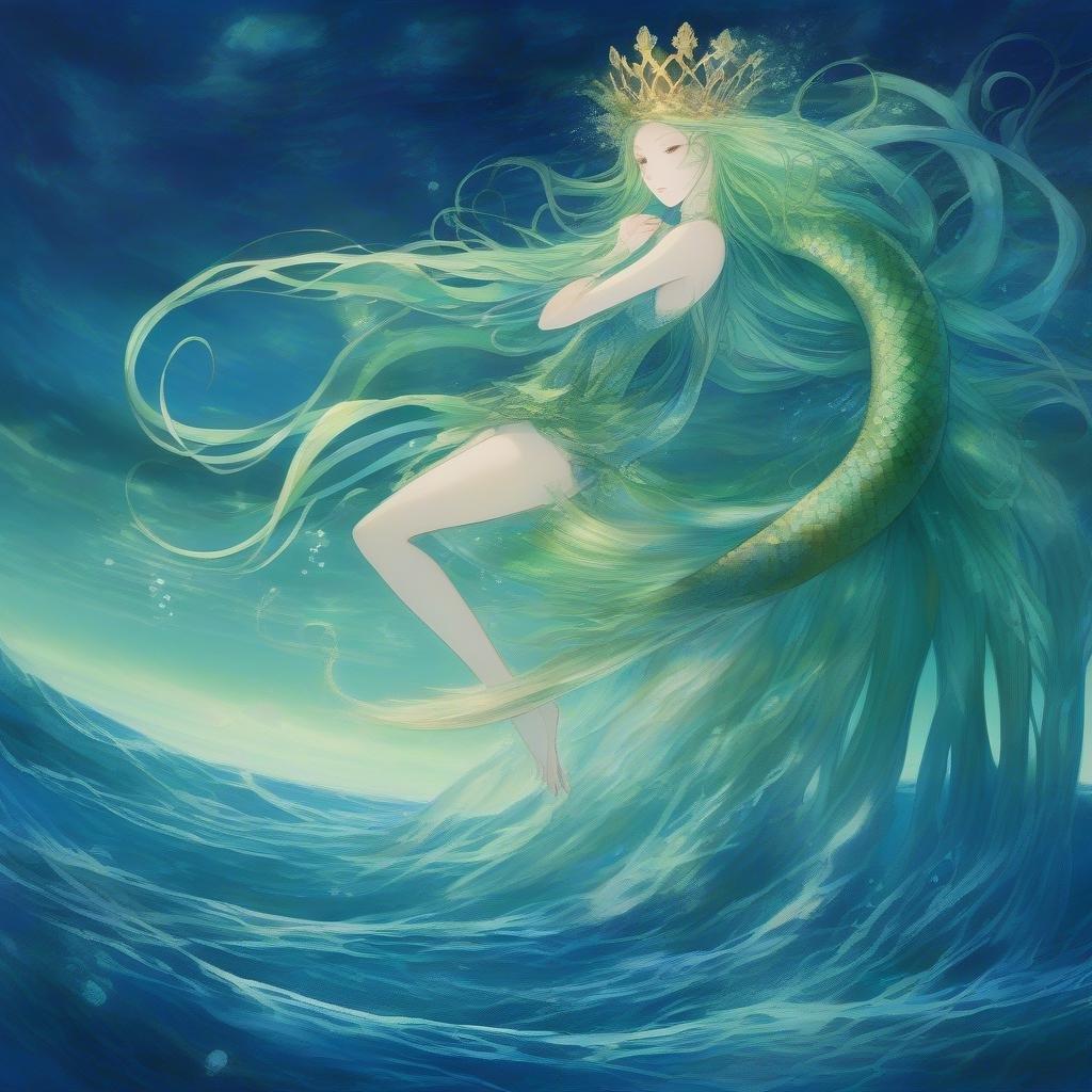 Entra en el encantador mundo del anime donde una majestuosa sirena se sienta sobre un gigantesco calamar, su largo cabello azul y verde fluyendo libremente. El profundo océano azul forma el telón de fondo, con el resplandor de ambos personajes añadiendo un toque mágico a la escena.