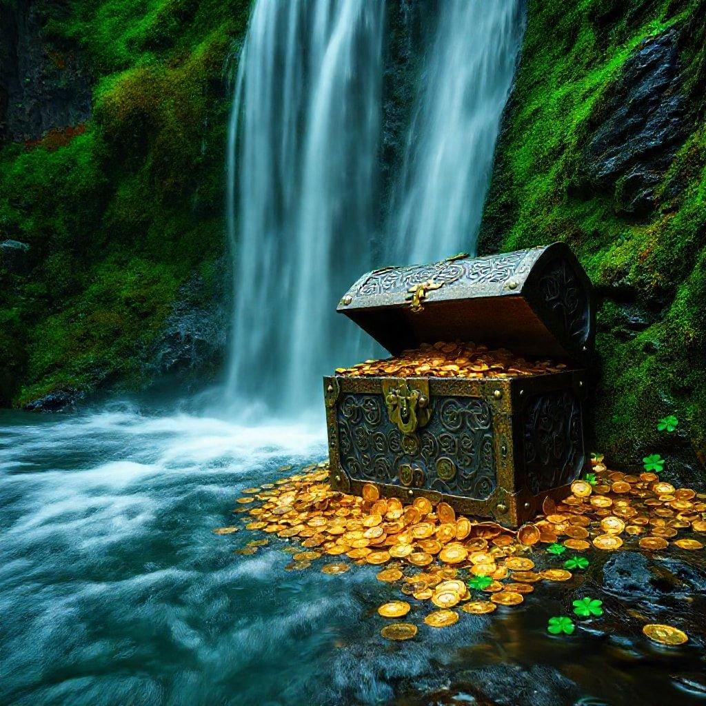 A vibrant St. Patrick's Day scene with a treasure trove of gold coins set against the backdrop of a mystical waterfall.