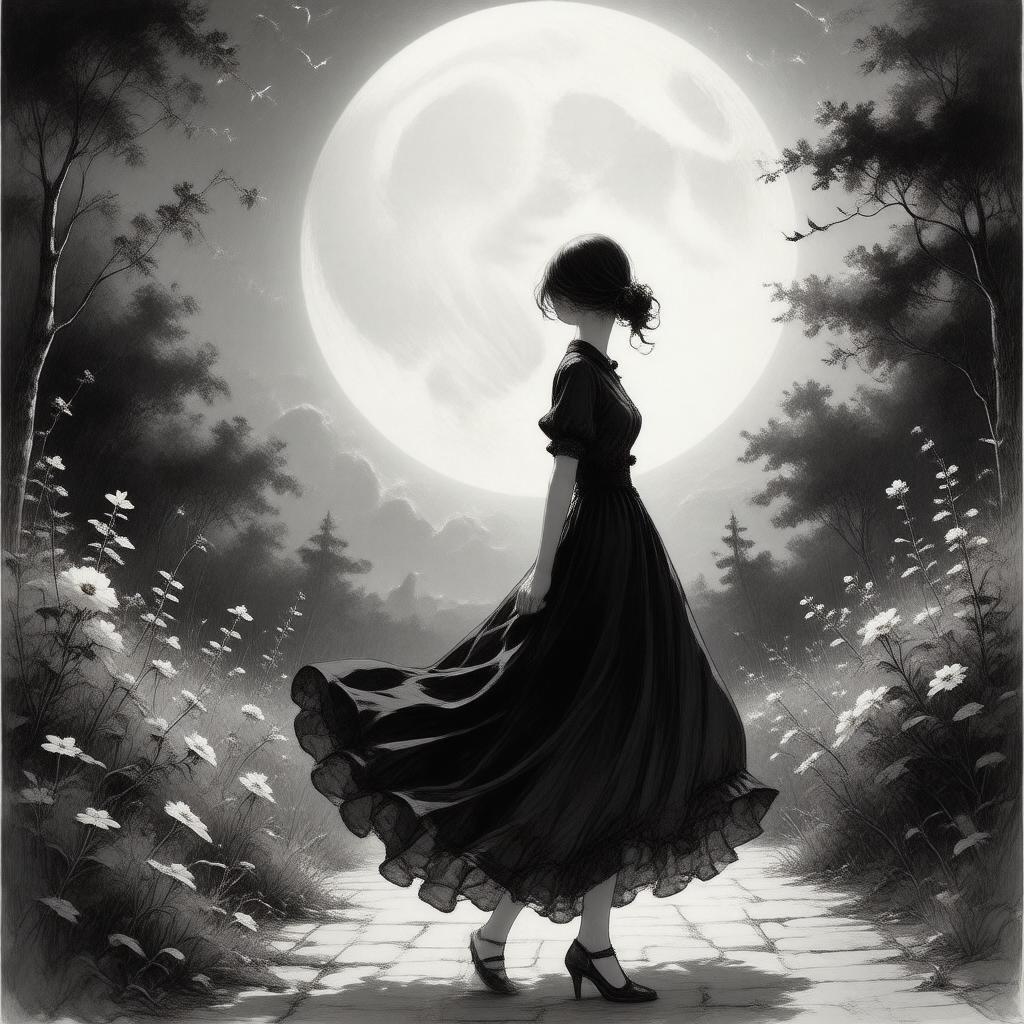 A young woman in an elegant dress walks through a magical garden under a full moon.