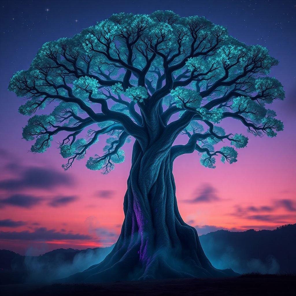 Discover the tranquility of this magical tree, silhouetted against a vibrant twilight sky. Step into a world where nature's beauty transcends reality.