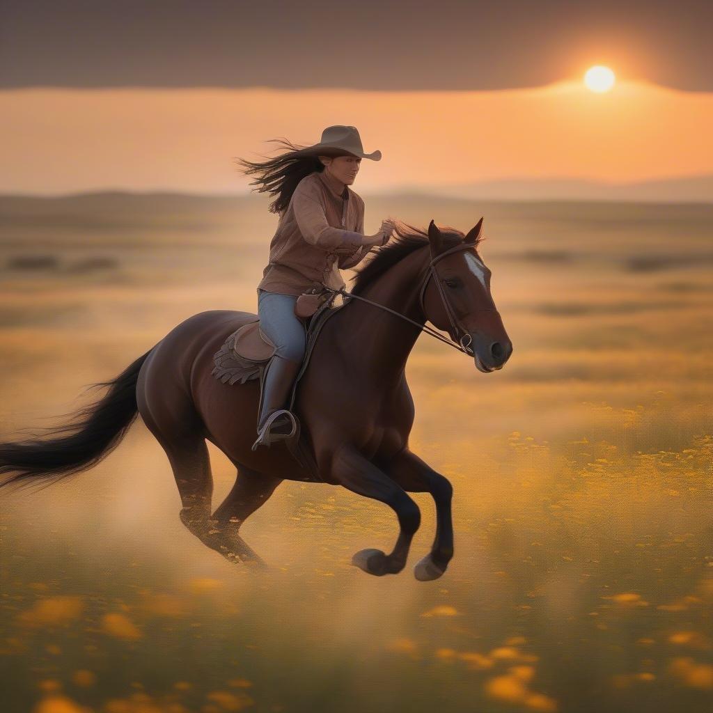 This stunning wallpaper captures a cowgirl riding a horse at sunset, showcasing the beauty of the great outdoors.