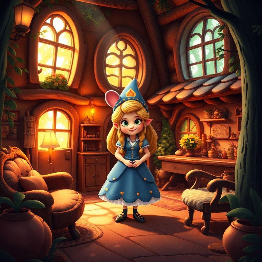 In this enchanting scene, our favorite cartoon girl stands in a cozy wizard's hut filled with charming details.