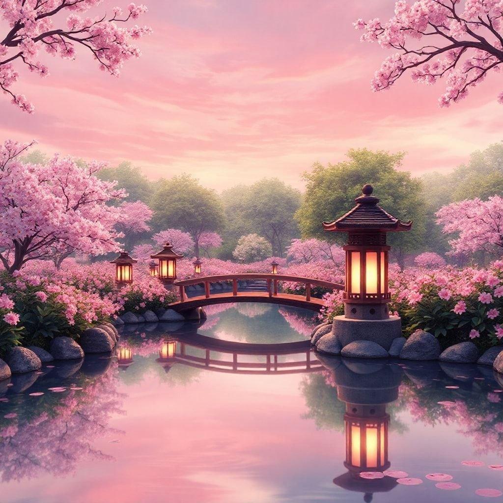 Eine ruhige Anime-Szene mit Kirschblütenbäumen, einem Teich, der einen rosa Himmel spiegelt, und alten Ste lanternen, die den Garten beleuchten. Die friedliche Umgebung umfasst eine kleine Holzbrücke, die zwei Teile des üppigen Gartens verbindet, der mit rosa Blumen gefüllt ist.