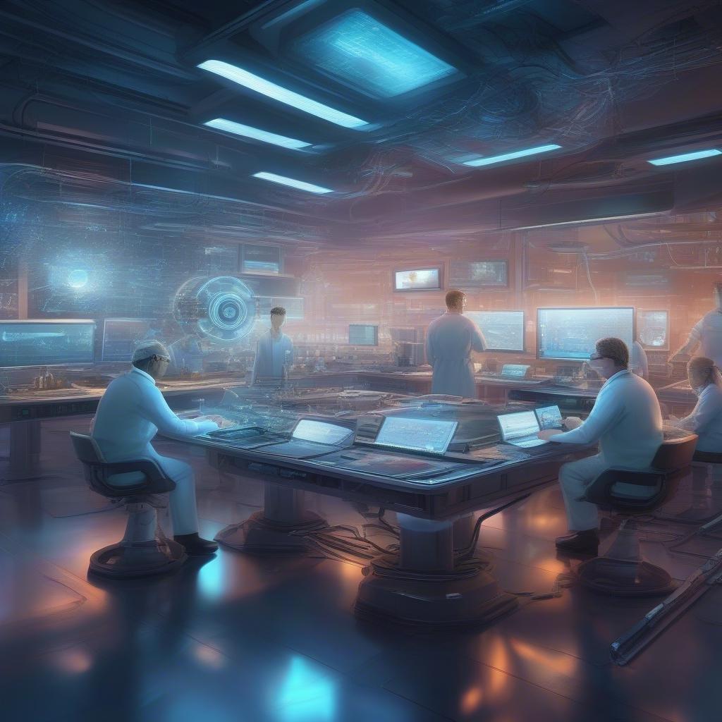 A group of scientists in lab coats working diligently at a high-tech research facility, surrounded by screens and holographic displays. A futuristic wallpaper that captures the essence of advanced technology.