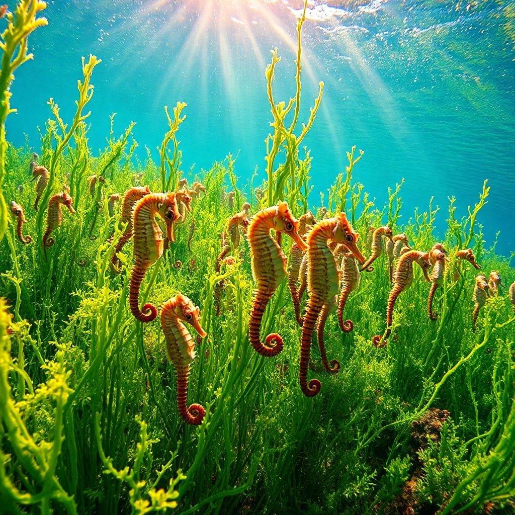 The coral reef teems with life as sea horses graze among the lush green plants.