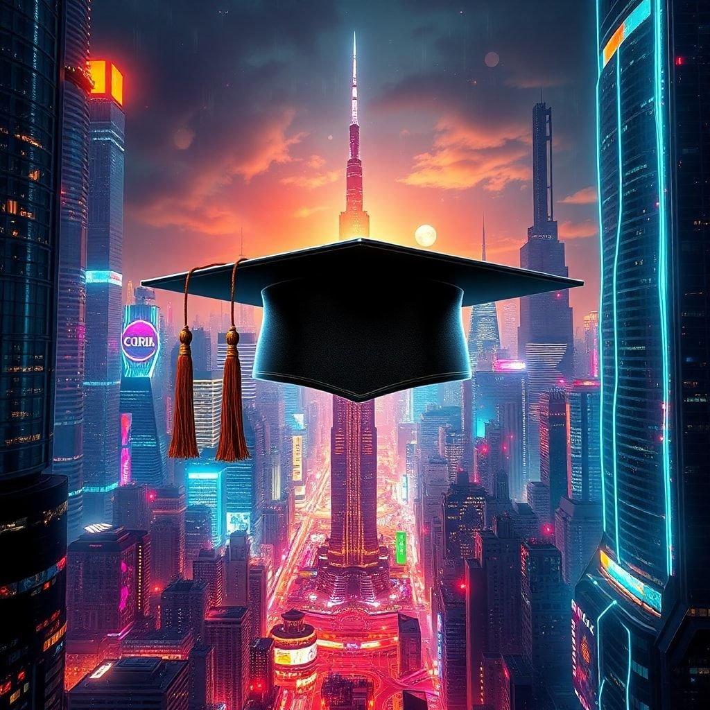 In this futuristic cityscape, the skyline is adorned with high-rise buildings and a large illuminated tower that stands as a symbol of achievement. In the foreground, a graduate's cap and tassel float above the city, signifying the completion of an educational journey.