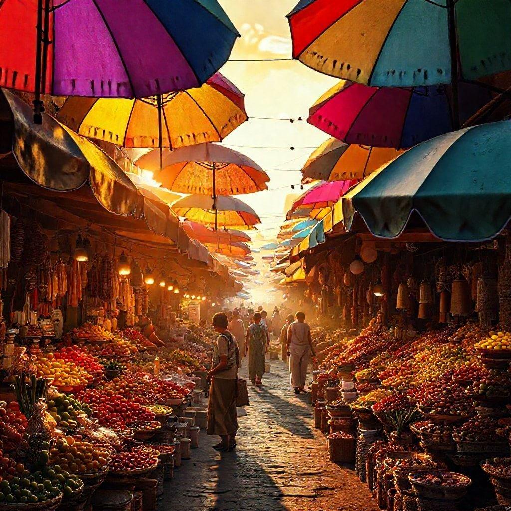 This vibrant scene captures the bustling energy of an Asian street market, illuminated by a warm sunset. The brightly colored umbrellas and stalls are filled with fresh produce, inviting shoppers to explore and enjoy their selection of exotic fruits and vegetables.