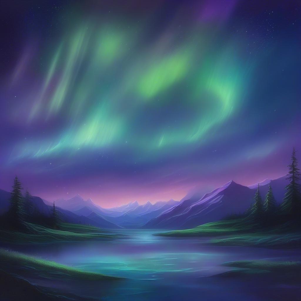 A picturesque scene from a fantasy world, featuring ethereal northern lights dancing across a tranquil bay. The serene landscape is bathed in the glow of auroras as the sun sets beyond the distant mountains.