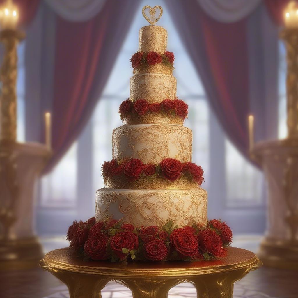 This image is a wallpaper for Valentine's Day, featuring a stunning golden wedding cake as its centerpiece. The cake is adorned with red roses and has a heart-shaped topper, making it a perfect representation of love and romance.